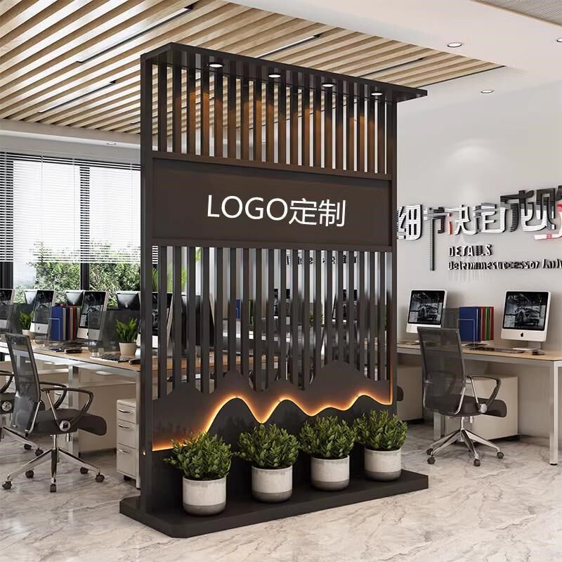 前台铁艺简约入户玄关屏风背景公司办公室进门隔断移动LOGO形象墙