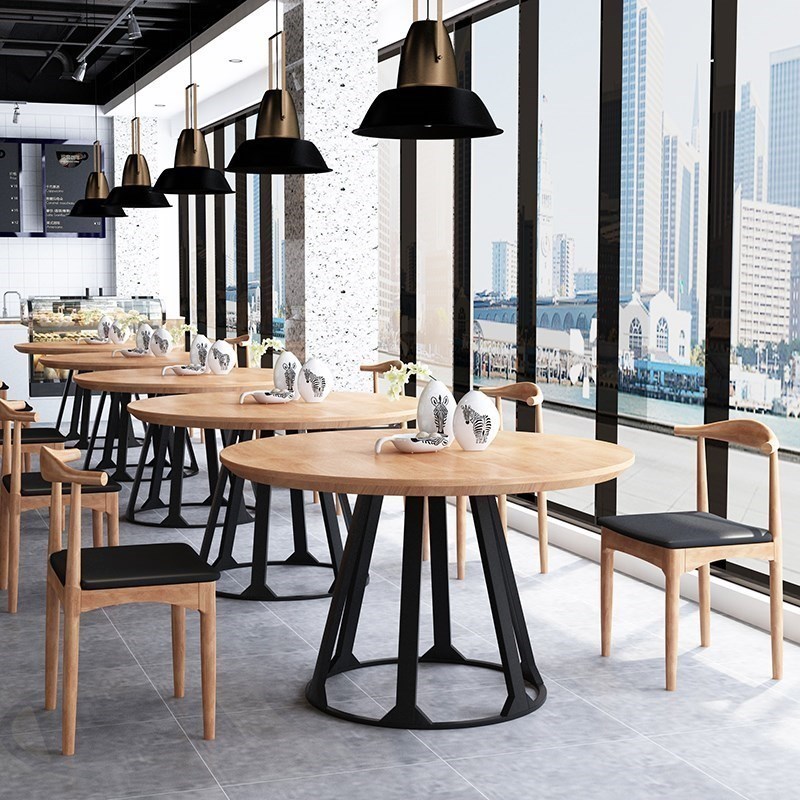 小户型休闲咖啡厅圆桌工业风铁艺简约洽谈桌椅美式loft实木圆餐桌