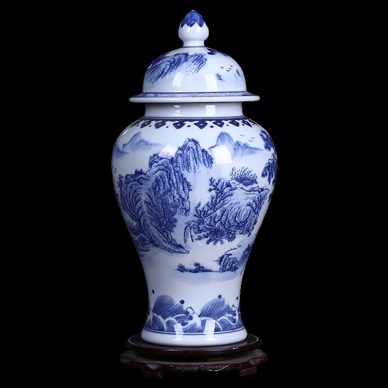 景德镇仿古将军罐摆件中式大花瓶陶瓷客厅摆设带盖收纳储物茶叶罐
