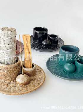 鼠尾草线香秘鲁圣木燃烧工具容器多功能燃烧托盘复古陶瓷盘蜡烛台