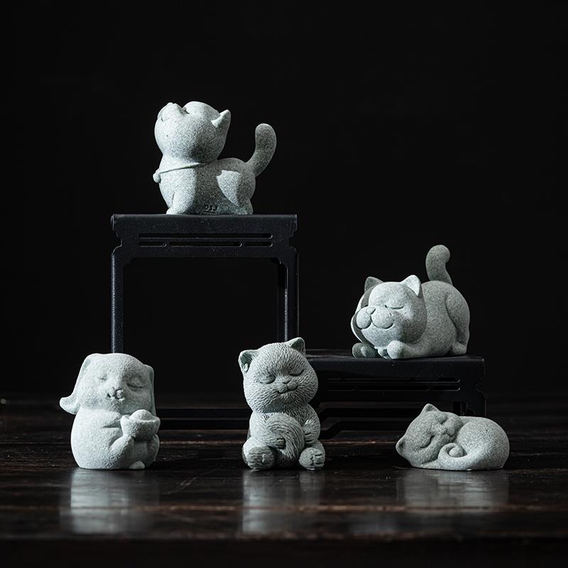 蕴华堂 逗兽记茶宠摆件中式复古青砂石材质家居办公展示柜装饰品