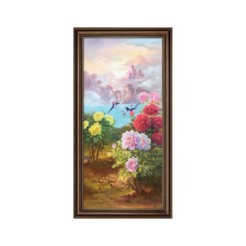 新中式玄关装饰画山水风景走廊过道挂画入户高端花鸟油画客厅壁画