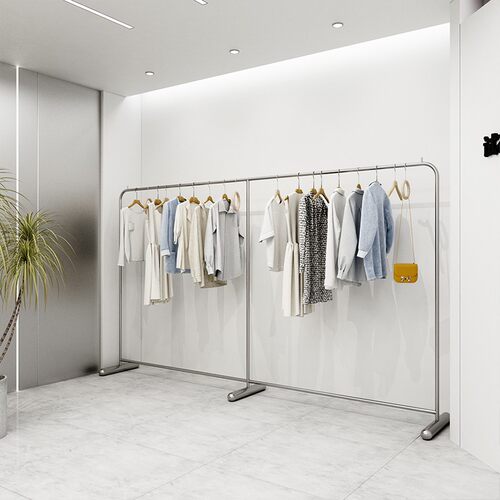 服装店挂衣杆不锈钢带轮子银色中岛落地式陈列架女装店货架展示架