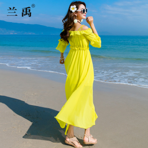 黄色波西米亚长款雪纺连衣裙女大摆修身显瘦海边度假长裙沙滩裙子