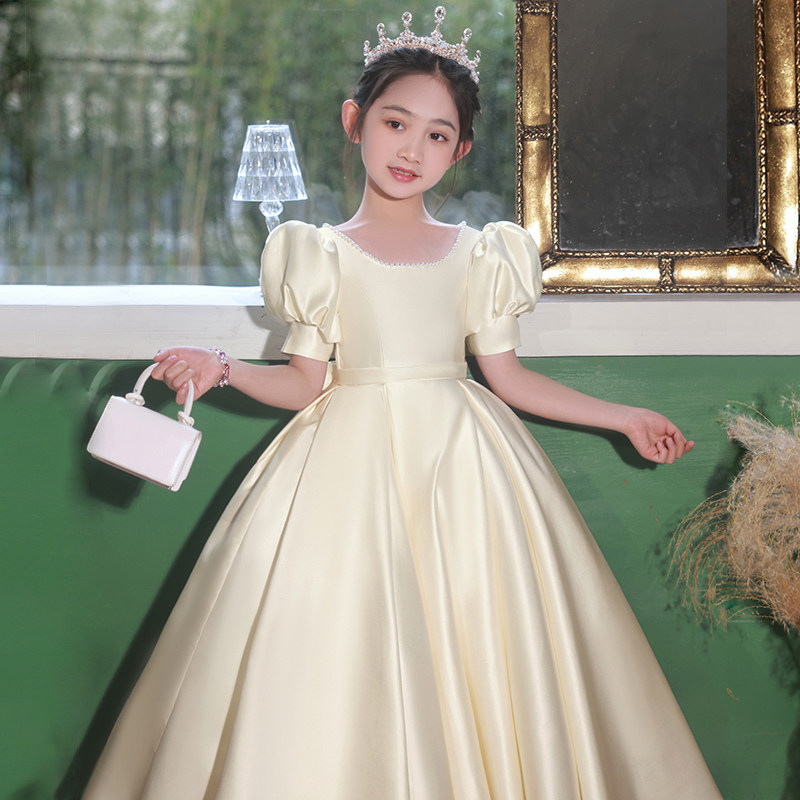 儿童礼服高端缎面花童生日公主裙小女孩钢琴表演女童演出服香槟色