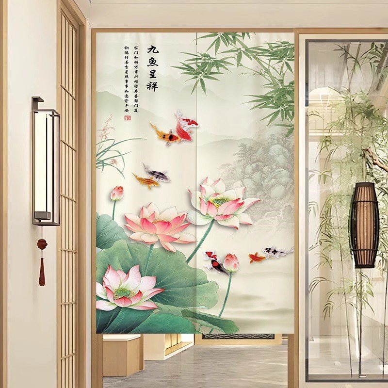 中式九鱼图荷花门帘入户玄关挂帘卧室半帘卫生间厕所遮挡隔断帘子图片