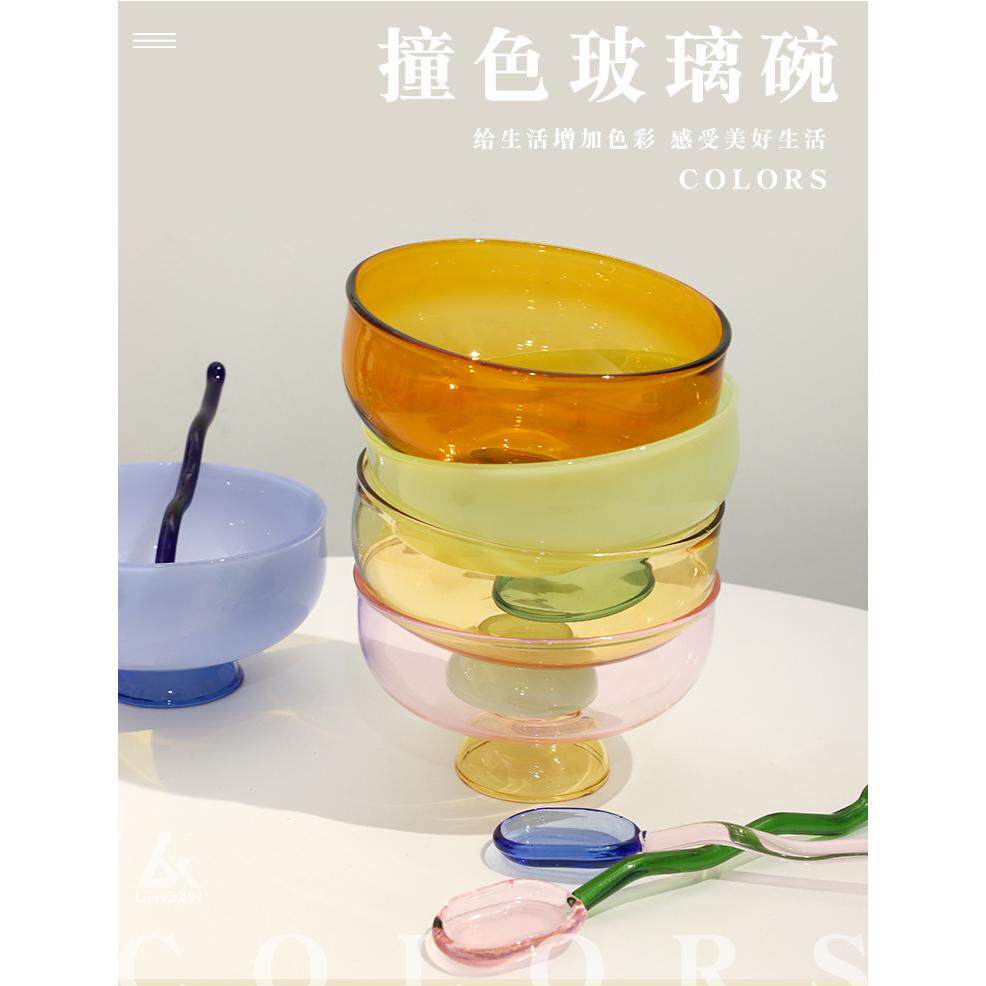 撞色玻璃碗水果沙拉碗汤碗餐具用耐高温透明泡面碗饭碗勺子套装