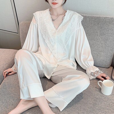真丝睡衣女公主风白色春夏季长袖性感蕾丝甜美公主风网红款家居服