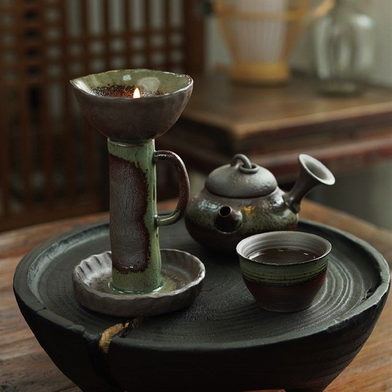 手工粗陶老式油灯中式仿古陶瓷酥油灯侘寂风禅意烛台茶室茶道摆件