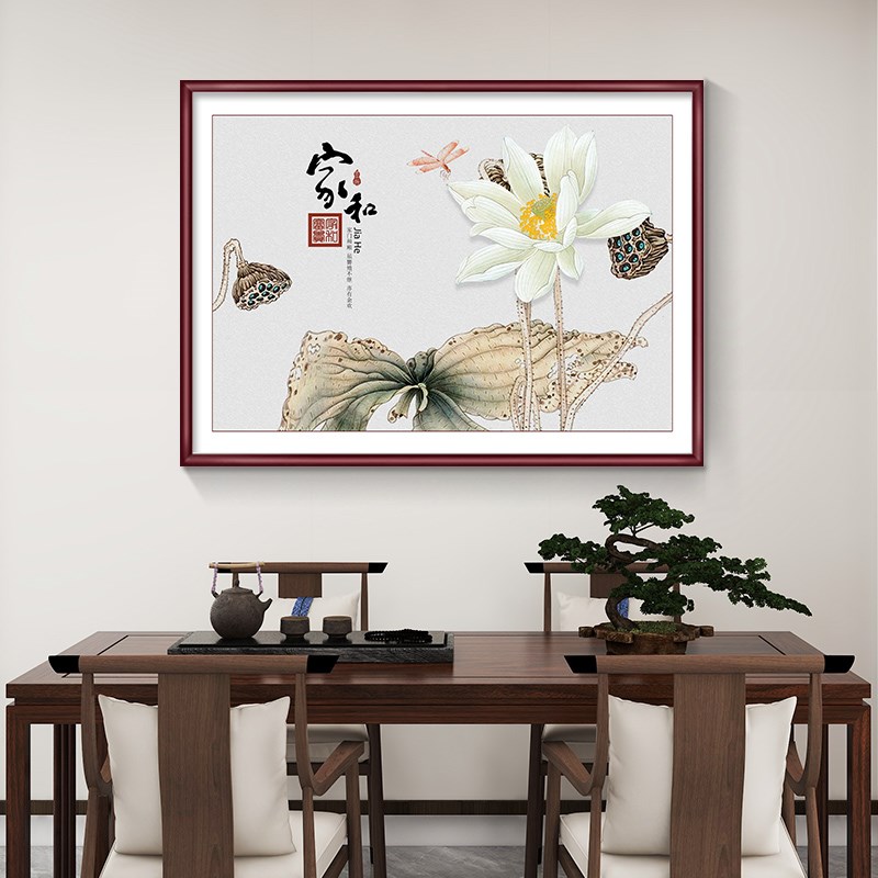 新中式荷花2025年餐厅装饰画寓意好两联玄关挂画新款客厅茶室壁画