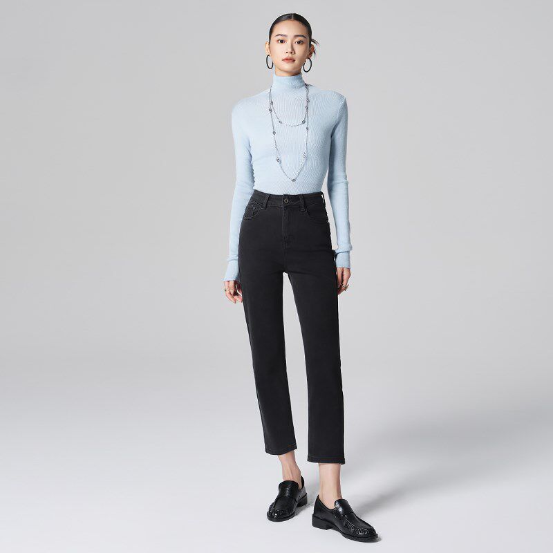 区澜窄版直筒牛仔裤女秋冬加绒2024新款胖mm设计感高腰宽松烟管裤