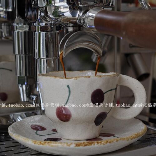 复古可爱粗陶樱桃咖啡杯碟拿铁拉花杯澳白杯下午茶小众杯日式礼物