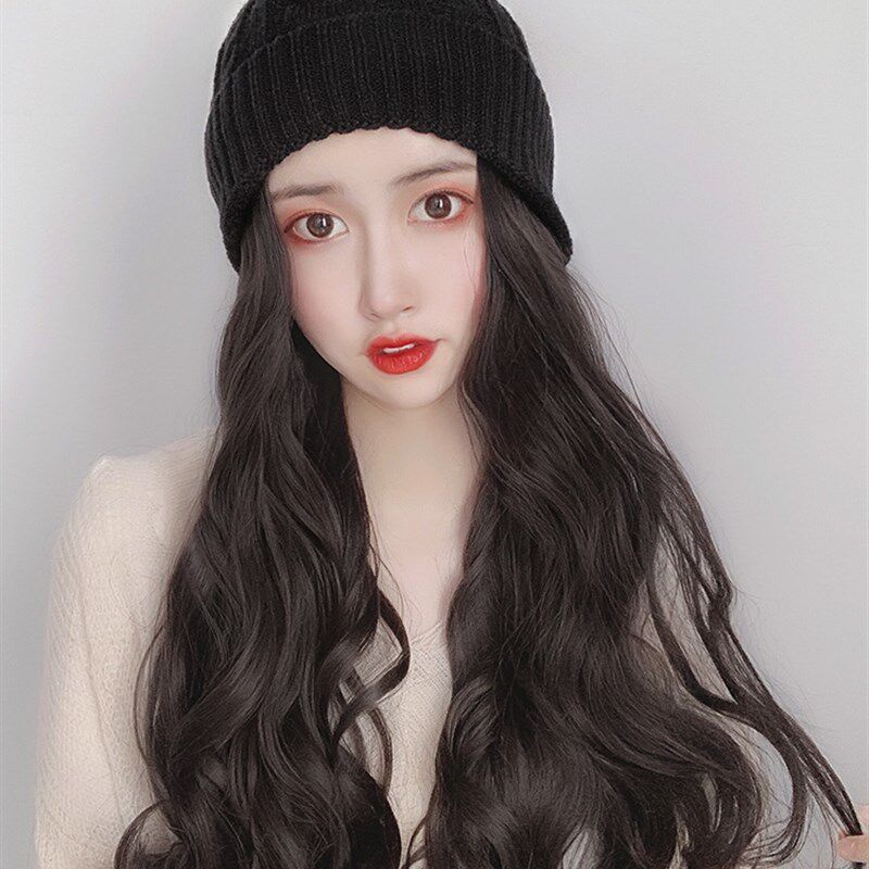 假发女长发自然全头套针织帽子假发一体女冬天时尚接发片真人发丝