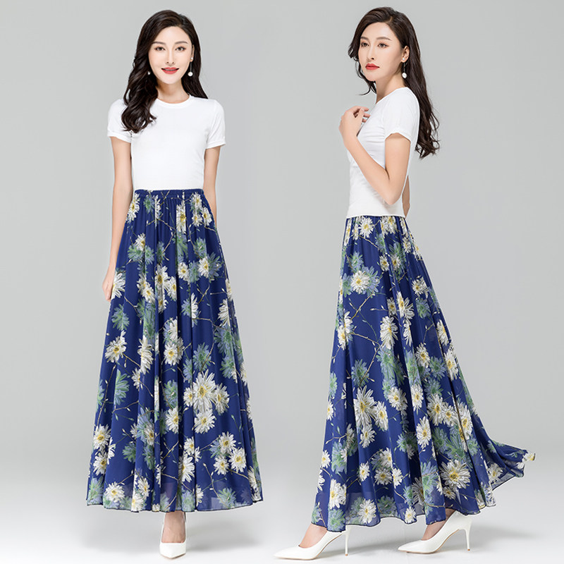 2021新款夏雪纺半身裙A字碎花显瘦中长款大摆大码半身跳舞长裙女