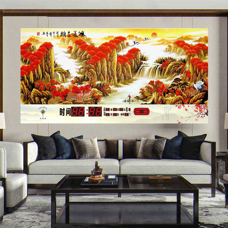 鸿运当头办公室客厅挂画晶瓷镶钻装饰画数码万年历电子钟新款家用
