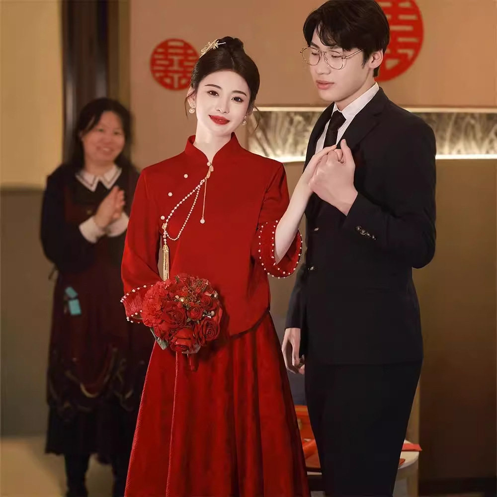 2026新款晨袍敬酒服新娘红色旗袍新中式遮肚子大码胖mm订婚礼服图片