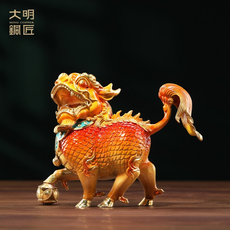 大明铜匠风火麒麟摆件一对镇宅客厅酒柜办公室装饰品开业乔迁礼品