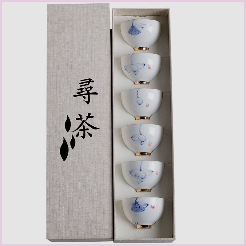 闽创 功夫茶杯套装手绘陶瓷斗笠品茗6只装10白瓷青花瓷小茶碗茶具