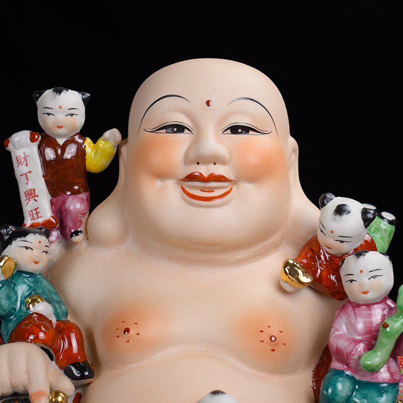 陶瓷五子登科弥勒佛摆件大肚笑佛瓷器佛像工艺品家居客厅摆设