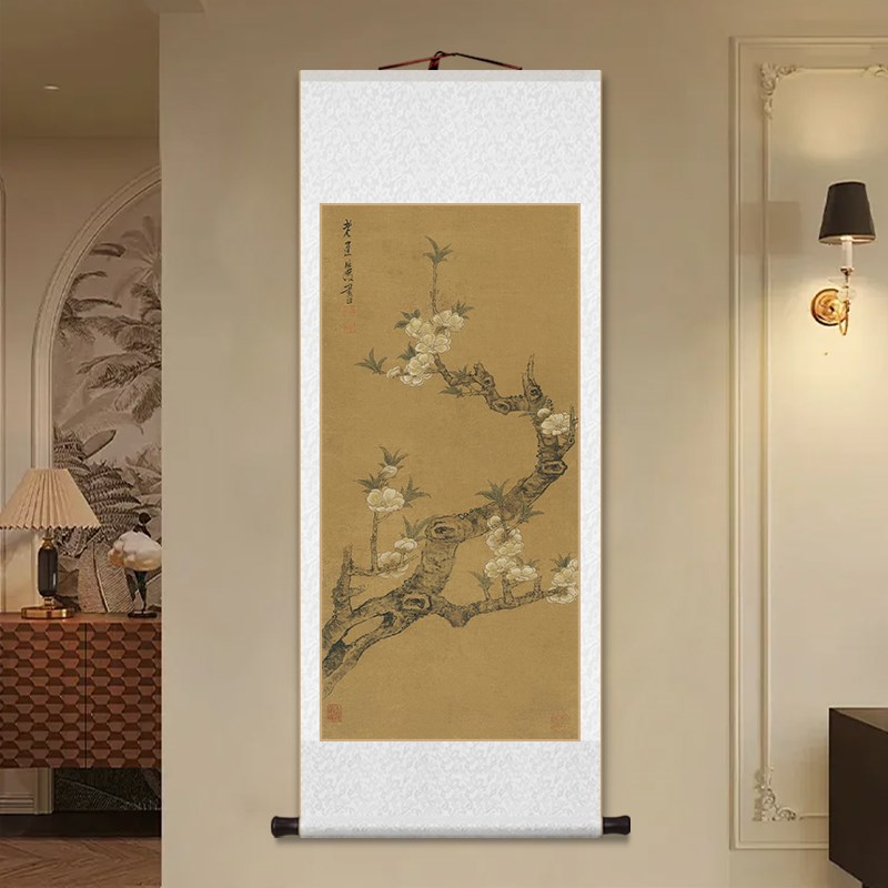 陈洪绶梅花山鸟图卷轴挂画新中式花鸟装饰画客厅书房茶室玄关壁画