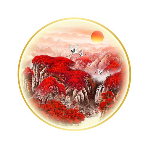 鸿运当头玄关装饰画m带灯新中式圆形茶室背景墙灯画办公室山水挂