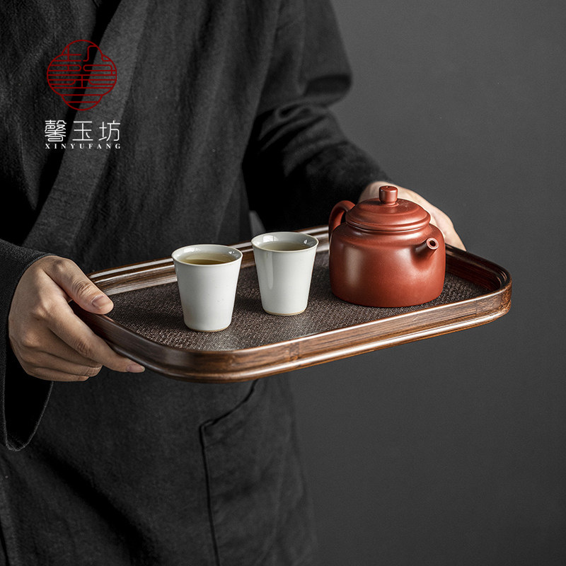 馨玉坊长方形竹制托盘日式编织席面小干泡台禅意藤编茶盘餐点盘