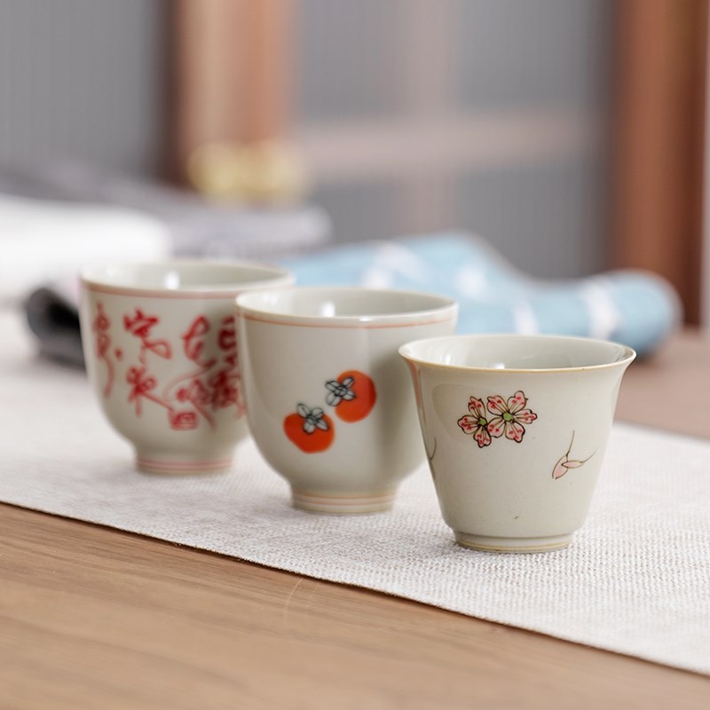 复古草木灰手绘柿子功夫茶杯陶瓷主人杯家用泡茶杯子个人专用单杯