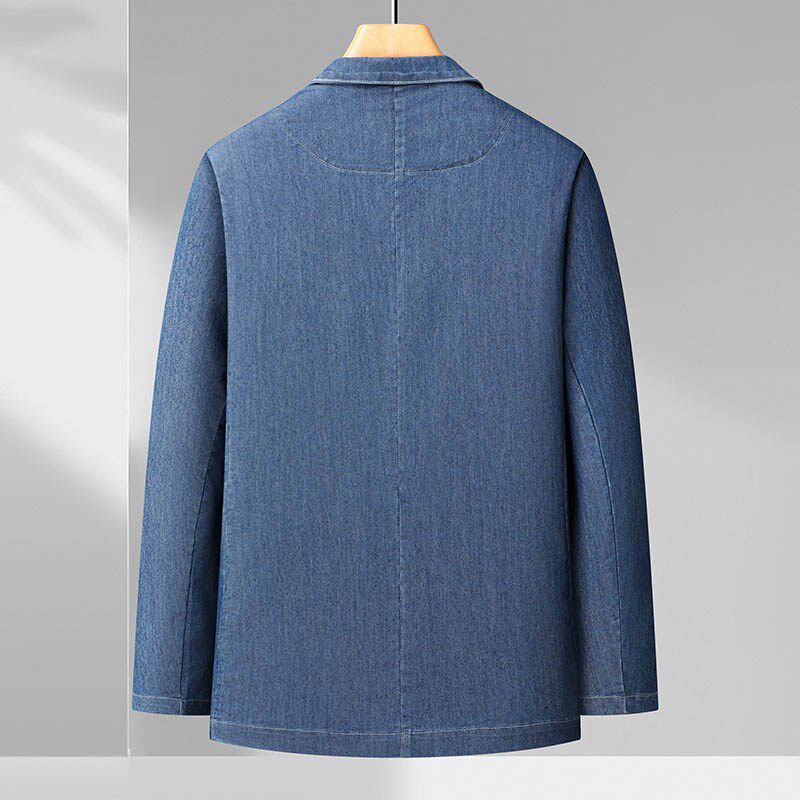 加肥加大码牛仔西装外套春季胖子休闲弹力西服薄款透气牛仔衣单西