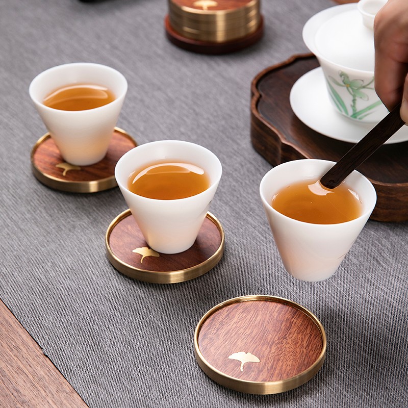 高档黑檀花梨黄铜木实木茶杯垫隔热杯托功夫茶具家用办公茶道配件