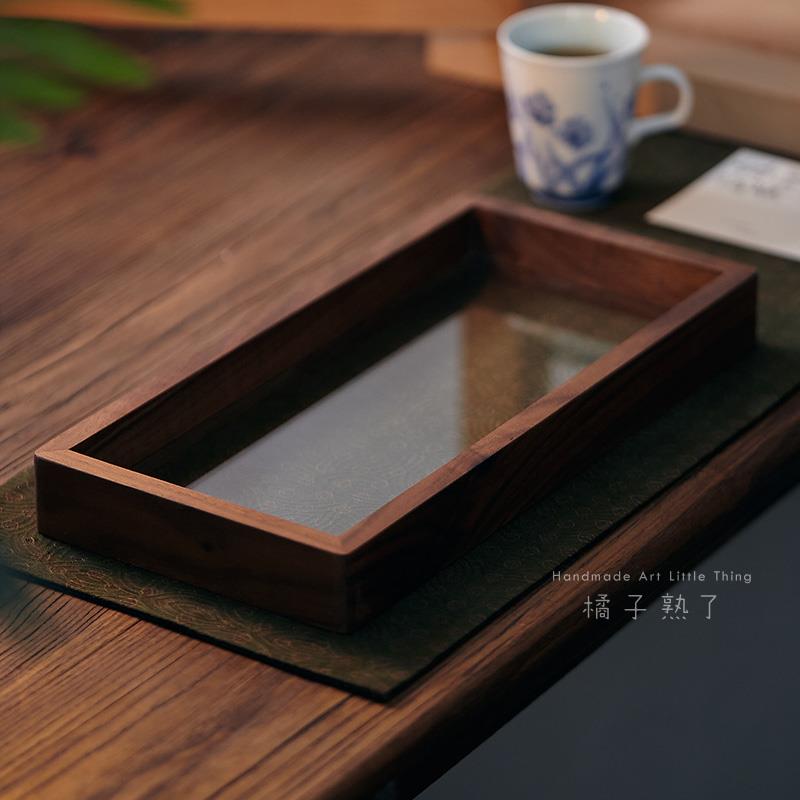 橘子熟了/若隐/胡桃木玻璃茶托盘 茶道配件 小茶盘茶台干泡台