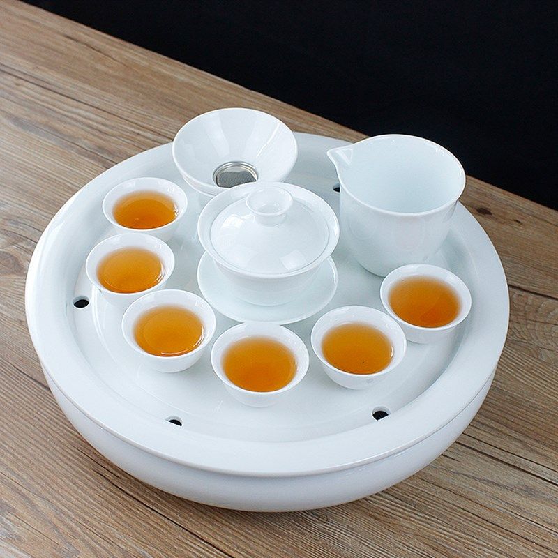 白瓷功夫茶具茶盘12寸大号圆形储水双层茶海托盘陶瓷纯白简约家用