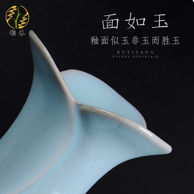 仿古汝窑陶瓷花瓶宽口蓝色中式简约高级感客厅插花电视柜装饰摆件