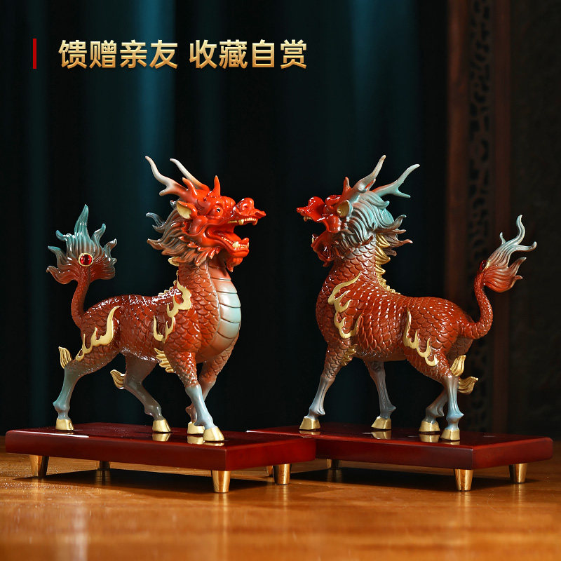 招财铜麒麟摆件一对旺财麒麟客厅办公室桌面装饰公司乔迁开业礼物