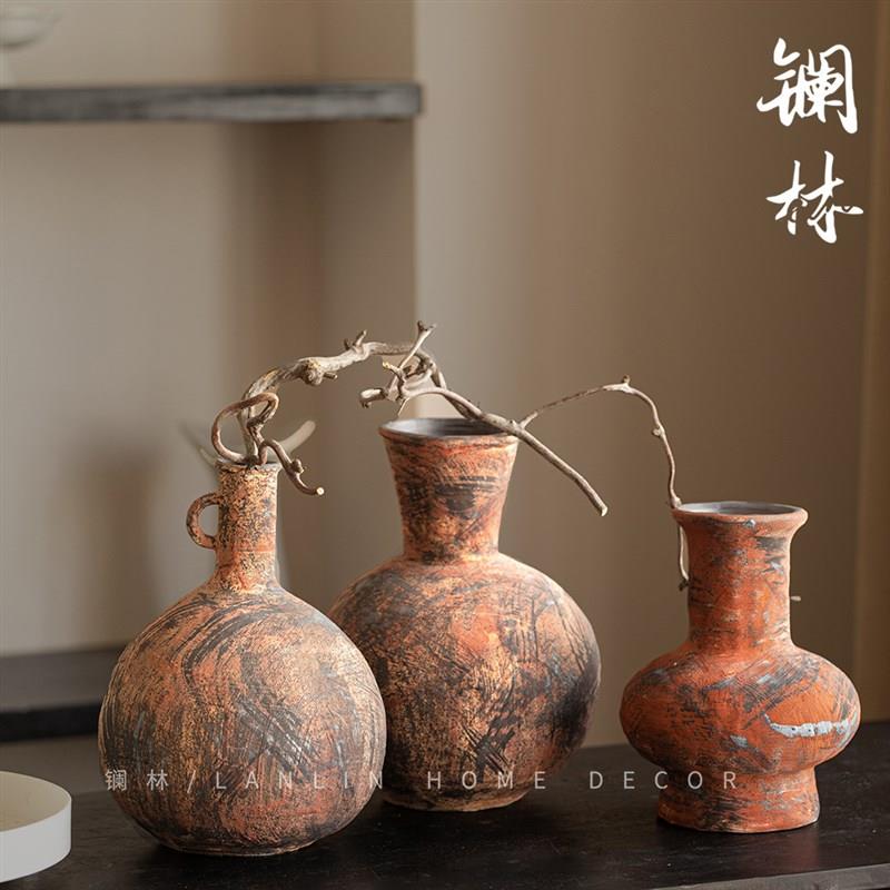 粗陶创意手工小花器民宿桌面禅意陶瓷小花瓶家居小众水培摆件红陶