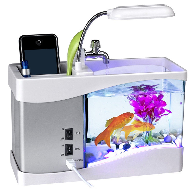 迷你鱼缸养鱼水族箱家用小型桌面摆件台灯多功能LED时钟闹钟