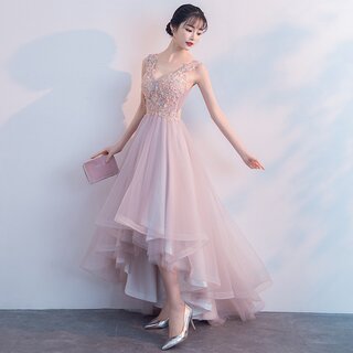 2026新款高端仙女系前短后长双肩主持人气质宴会粉色晚礼服连衣裙
