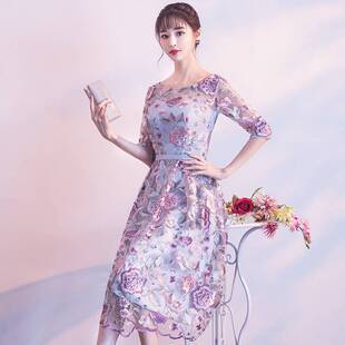 2026新款宴会晚礼服女气质碎花礼服短款旗袍伴娘服主持人小礼服春