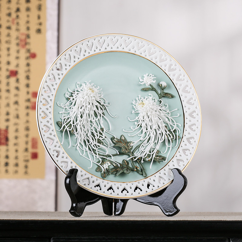 龙须菊瓷盘摆件送长辈陶瓷创意手工艺术感乔迁新家居装饰摆盘礼物