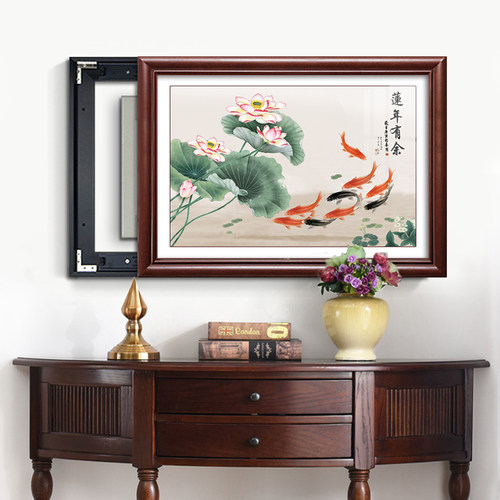 新中式九鱼图电表箱装饰画2023新款免打孔餐厅配电箱遮挡挂画推拉