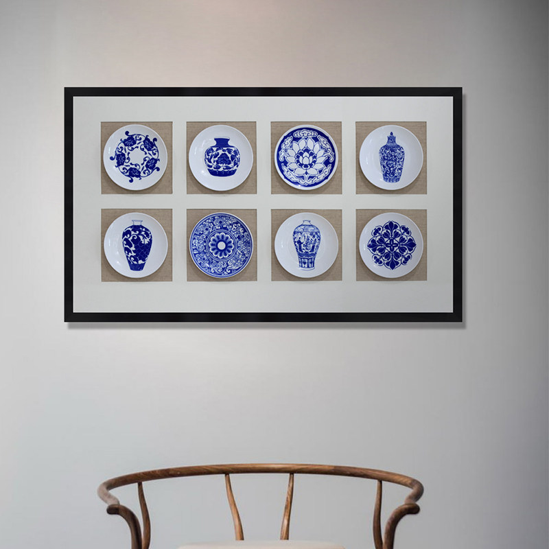 新中式客厅装饰画禅意风景走廊过道挂画玄关样板间壁画青花瓷盘子
