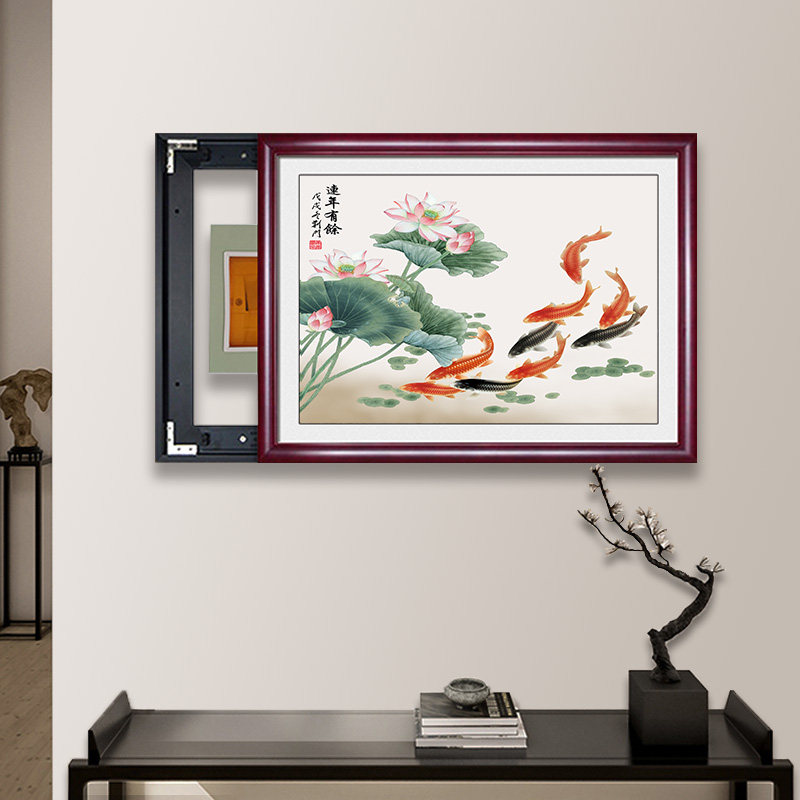 新中式九鱼图电表箱装饰画遮挡箱配电箱电闸电源挂画免打孔推拉式
