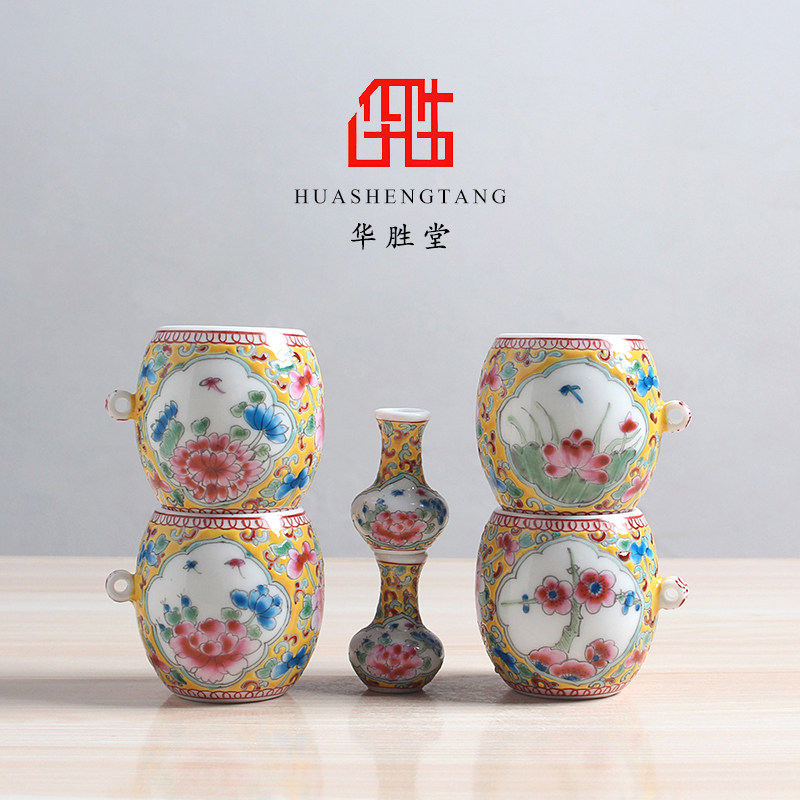 华胜堂 景德镇手绘粉彩四季花图案六件套鸟食罐麻料杯鸟笼配