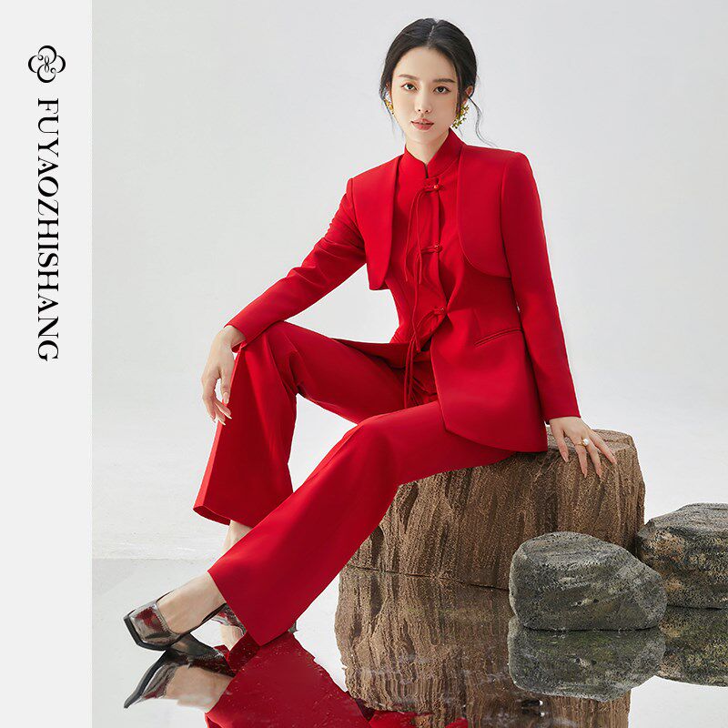 FUYAO扶摇 新中式国风女装红色西装外套女套装高端改良唐装西服秋