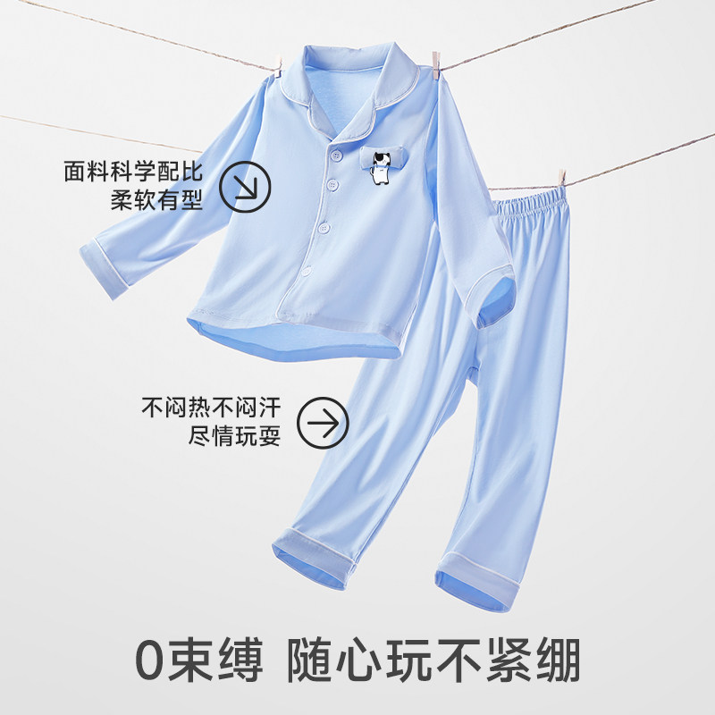 男童睡衣纯棉春秋薄款套装家居服儿童男孩女童开衫空调服短袖绵绸