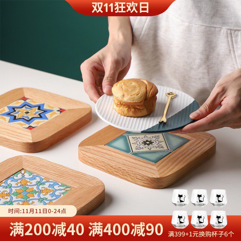 实木复古花砖防烫锅垫 日式橡木创意隔热垫耐热陶瓷盘子餐具垫