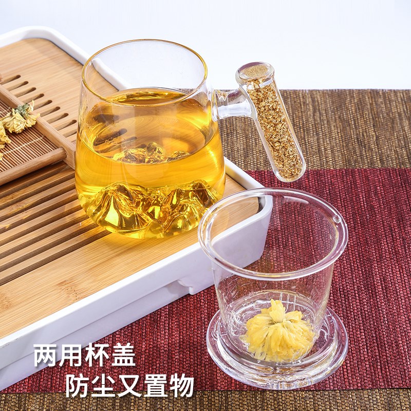 马克杯带盖子创意玻璃双层杯隔热家用透明金山茶杯办公室水杯礼品