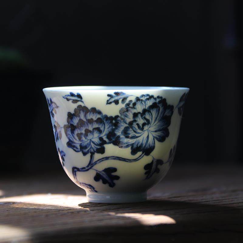 景德镇仿明青花牡丹三才盖碗单个主人杯公道杯陶瓷茶具套装手绘