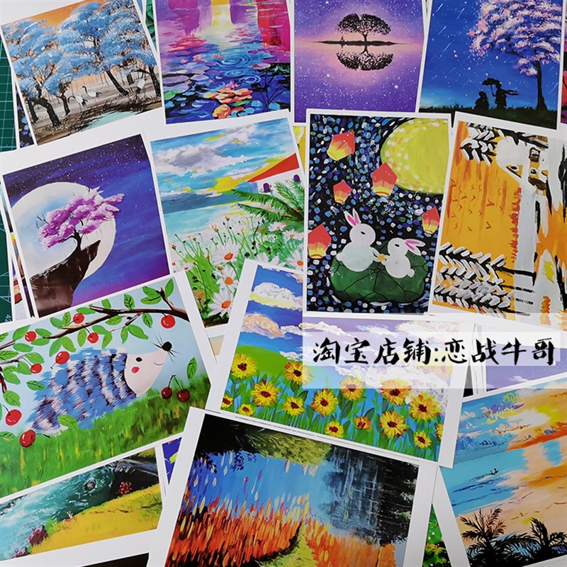 【A5覆膜】儿童水粉画创意水粉幼儿园画室美术小学生临摹卡片60张