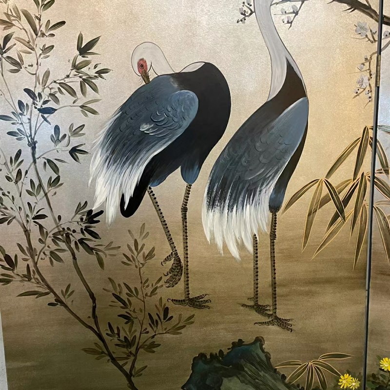 仙鹤松树屏风隔断玄关手绘金箔漆画客厅卧室背景墙装饰画折屏