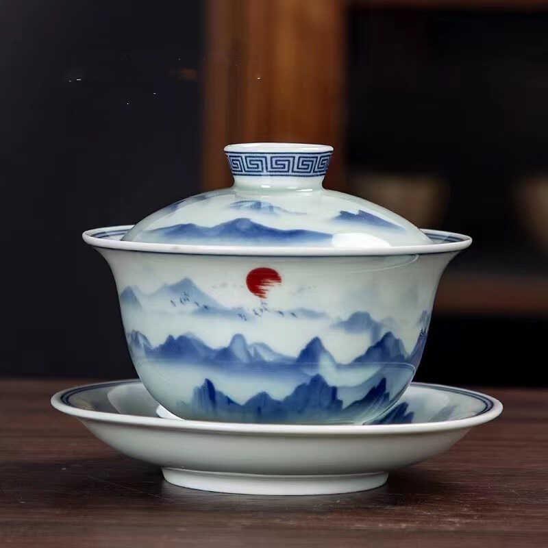 复古青花瓷单个泡茶碗三才敬茶碗陶瓷釉里红盖碗陶瓷家用功夫茶具